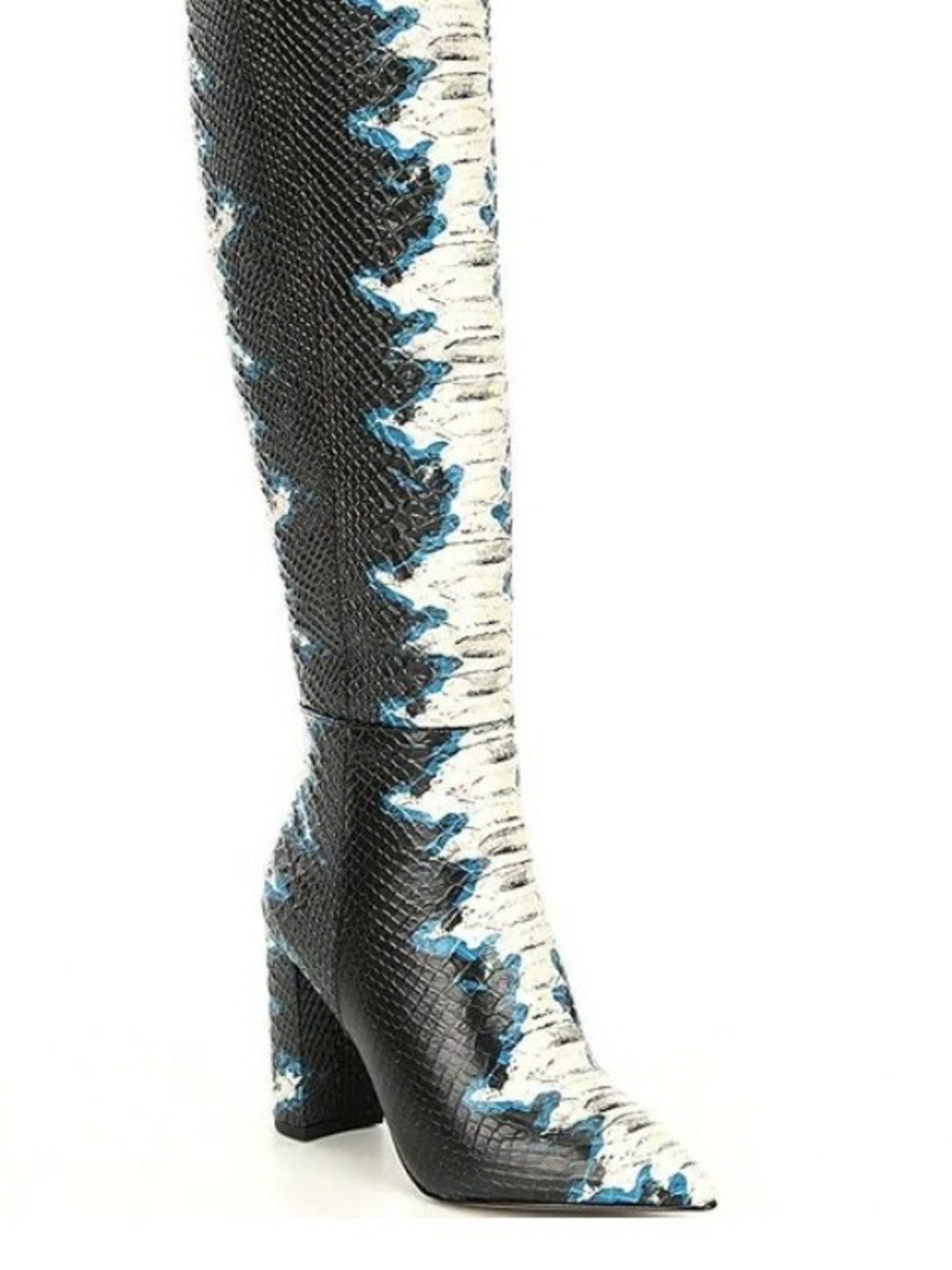 Gianni Bini Black & White Snake-Print Over-the-Knee Boots with Blue Trim